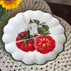 White Melamine Scalloped Dinner Plates with Red Tomato Design